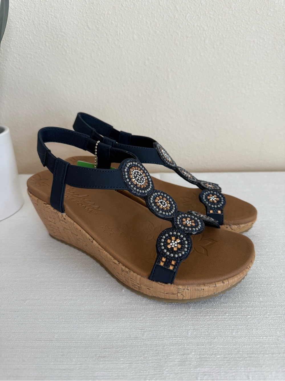 New Skechers Women's Navy Beaded Cork Wedge Sandals